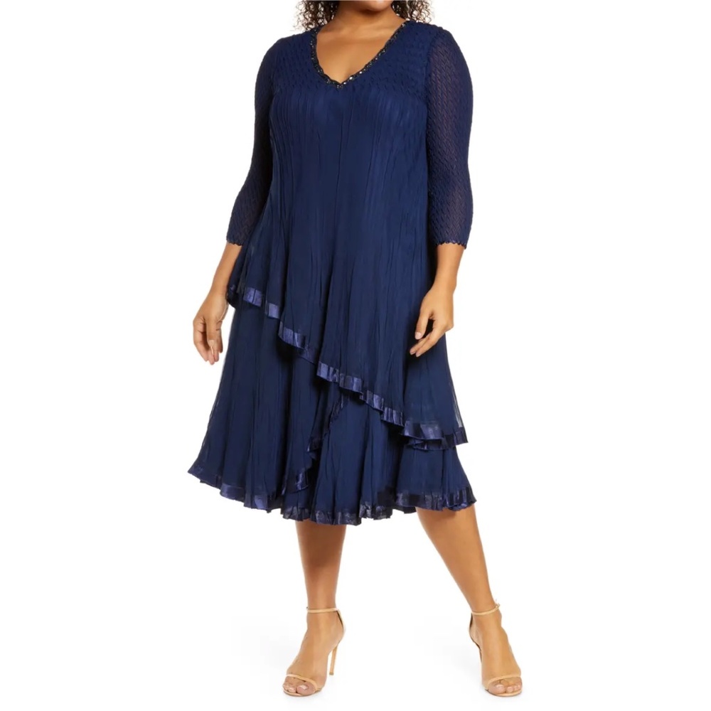 NEW Komarov Beaded V-Neck 3/4 Sleeve Chiffon Charmeuse Trim Dress, XL